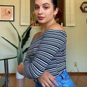 ZARA STRIPED RIBBED OFF SHOULDER TOP